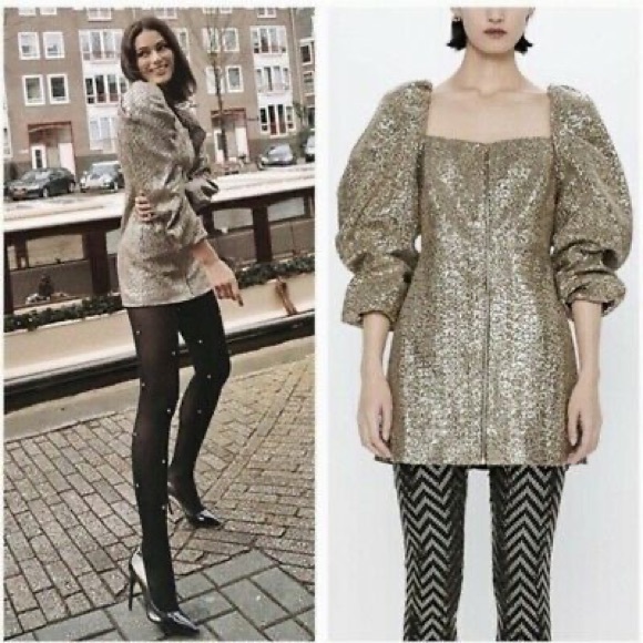 Zara NWT Bloggers Favorite Golden Sequin Puff Sleeve Zipped Party Shimmer Dress - Picture 7 of 16